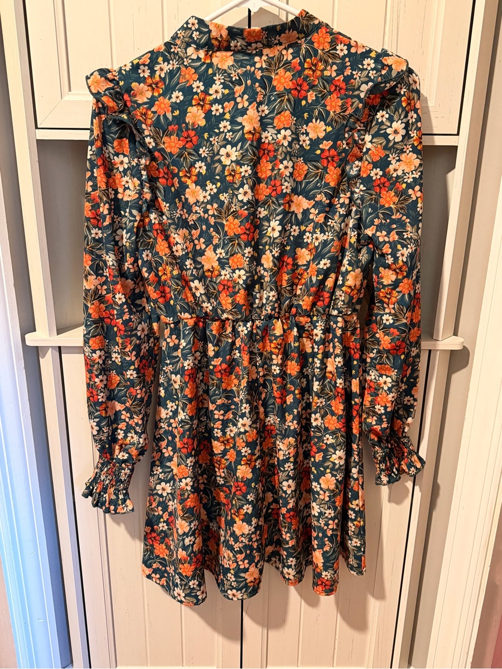 SHEIN Green Floral Long Sleeve Smocked Waist Dress - Picture 2 of 3